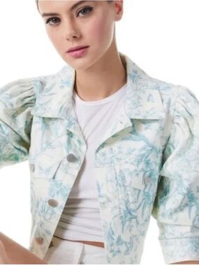 Elie Tahari Cropped Denim Jacket | Blue Floral Toile Print | Size Small